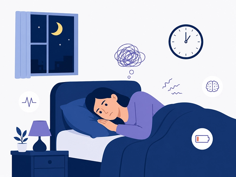 Woman lying awake at night with racing thoughts and insomnia